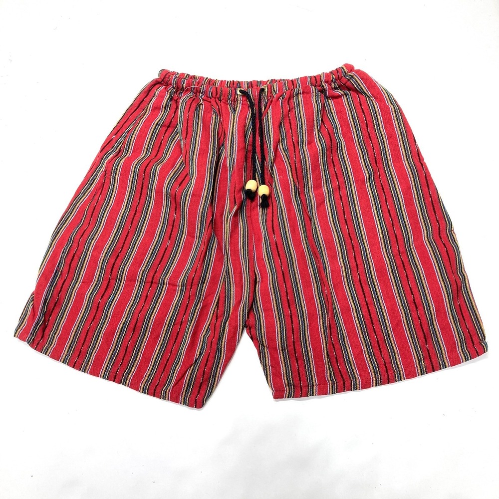 Vtg Conoz Red Striped Shorts Size 24 inch Waist Drawstring Cotton Hippie Boho
